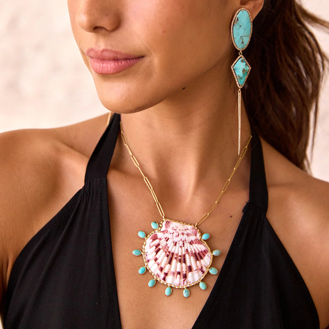Purple Calico Scallop and Turquoise Shell Pendant
