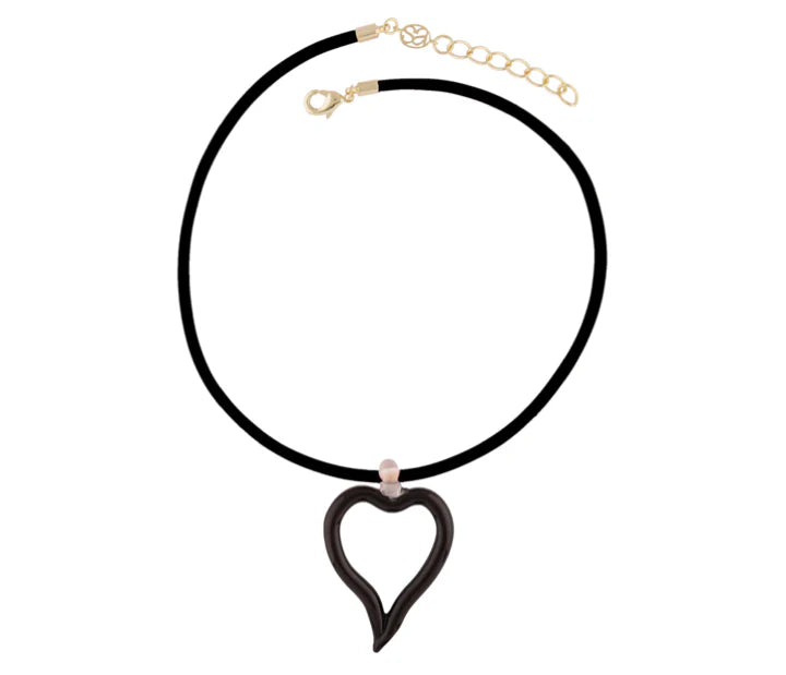 Black XL Glass Heart Leather Cord Necklace