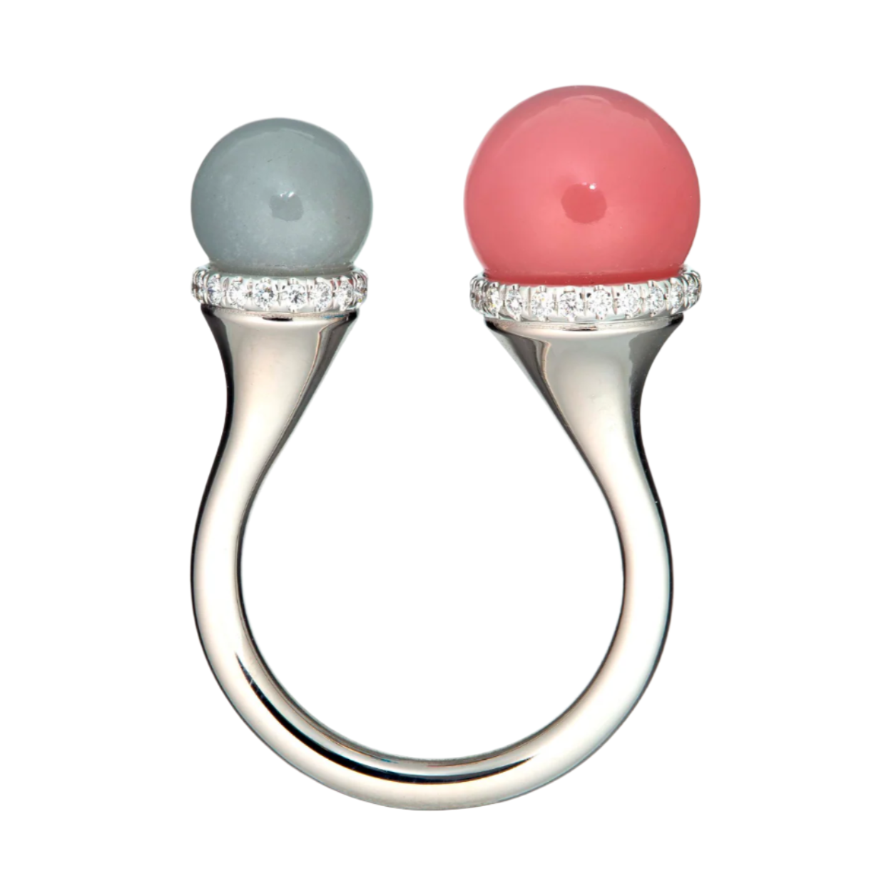 Double Tip Ring in Red Rhodochrosite & Grey Moonstone