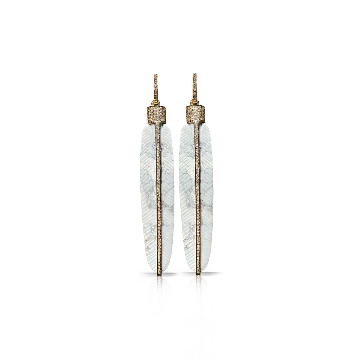 Carved Howlite Feather Earrings - Gold