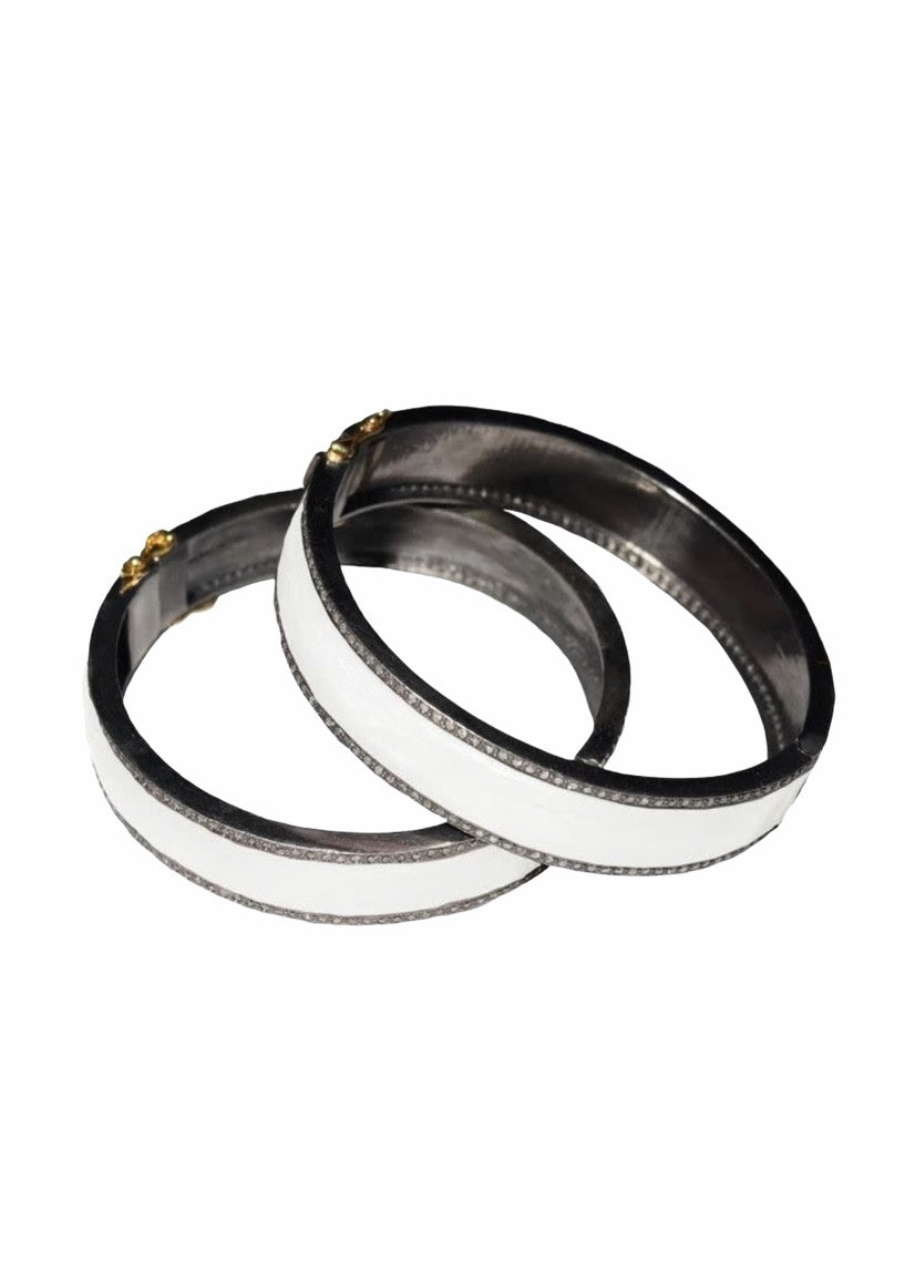 2 Row Pave Dia Pearl White Enamel Bangle