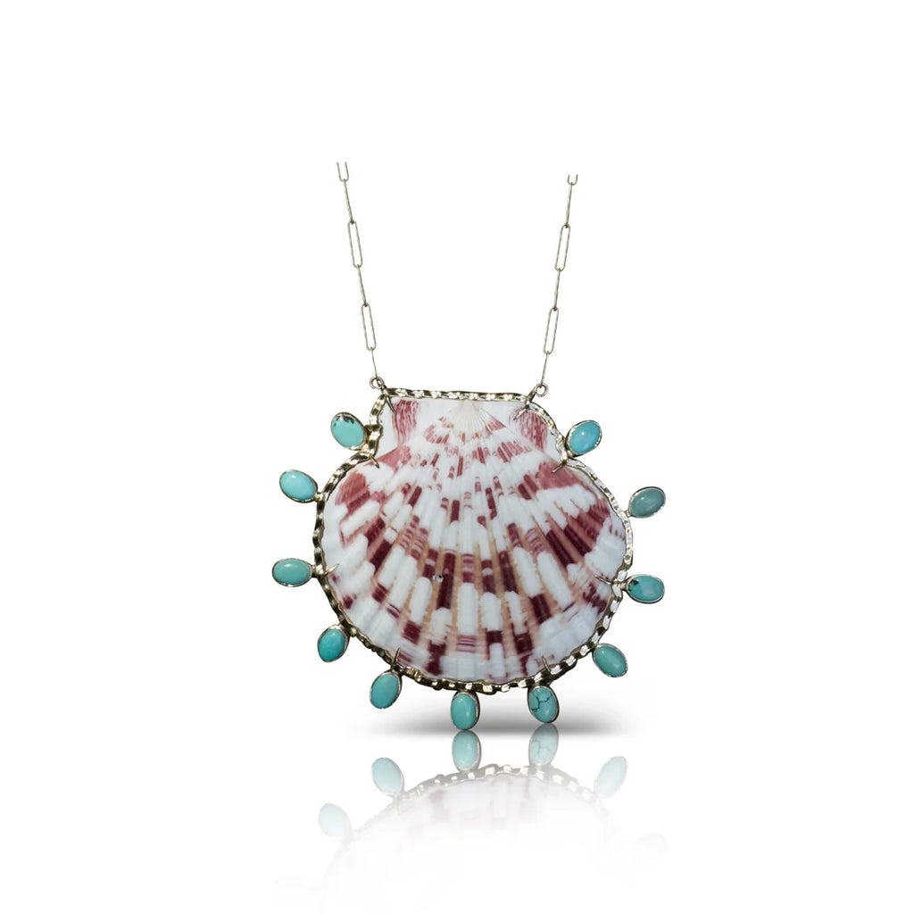 Purple Calico Scallop and Turquoise Shell Pendant