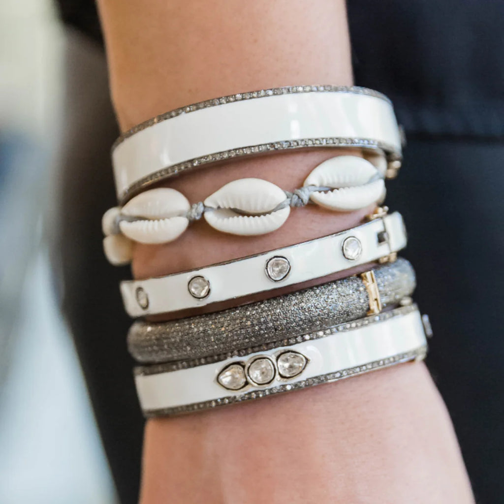 Plain White Enamel Bracelet 6 Sliced Diamonds