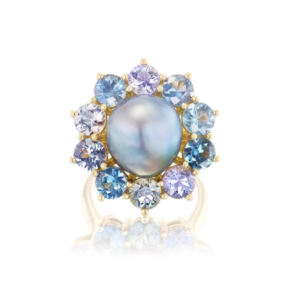 Sapphire & Tahitian Pearl Flower Ring