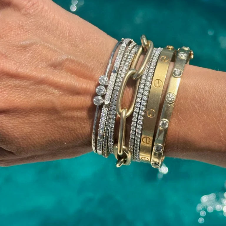 Three Diamond Hammered Bezel Bracelet - White Gold
