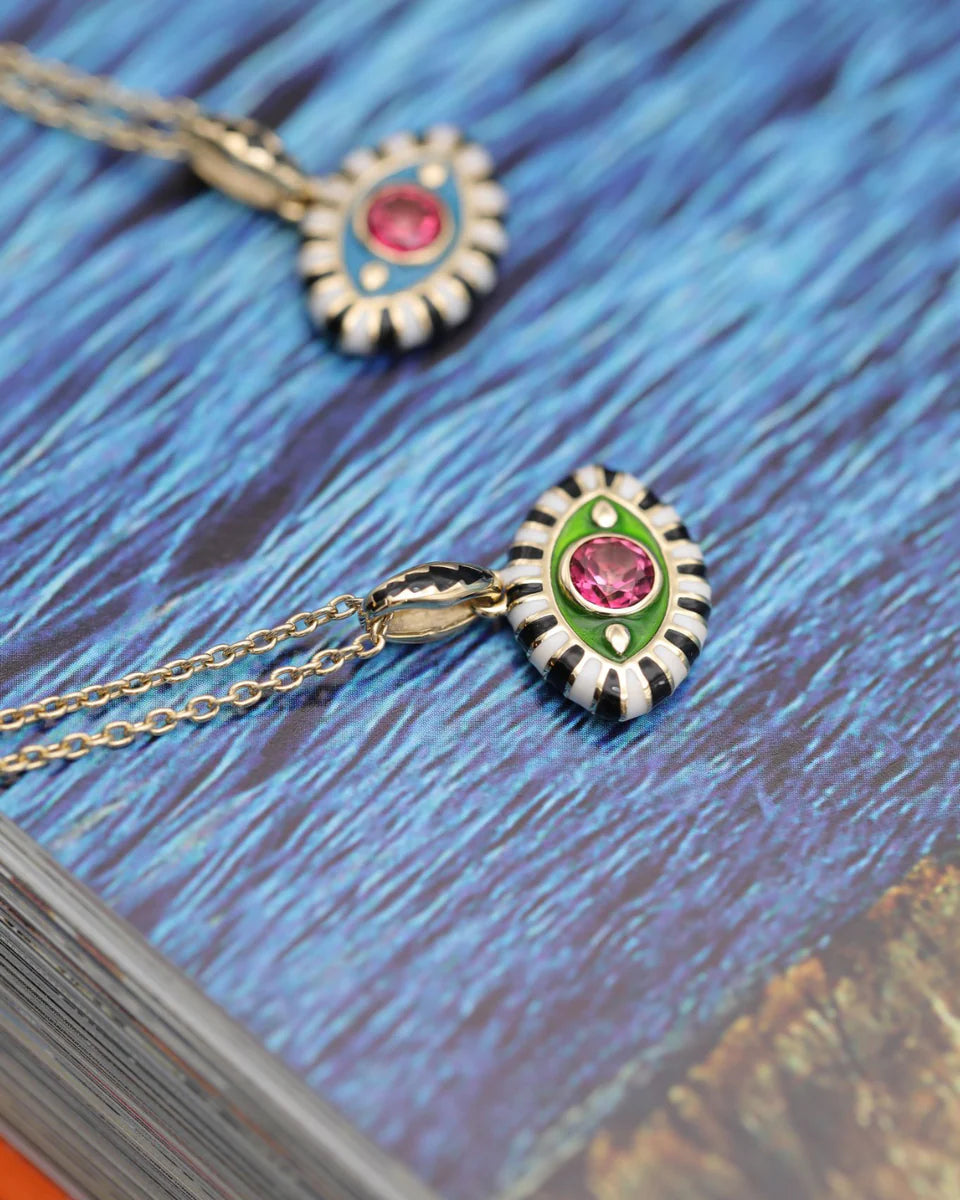 'Life in Colour' - Green with Pink Topaz Eye Pendant Necklace