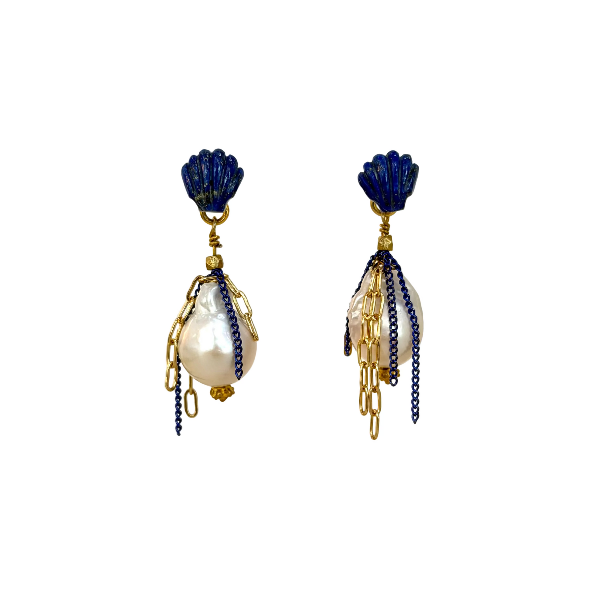 Blue Lapis Seashell & Baroque FWP Chain Studs