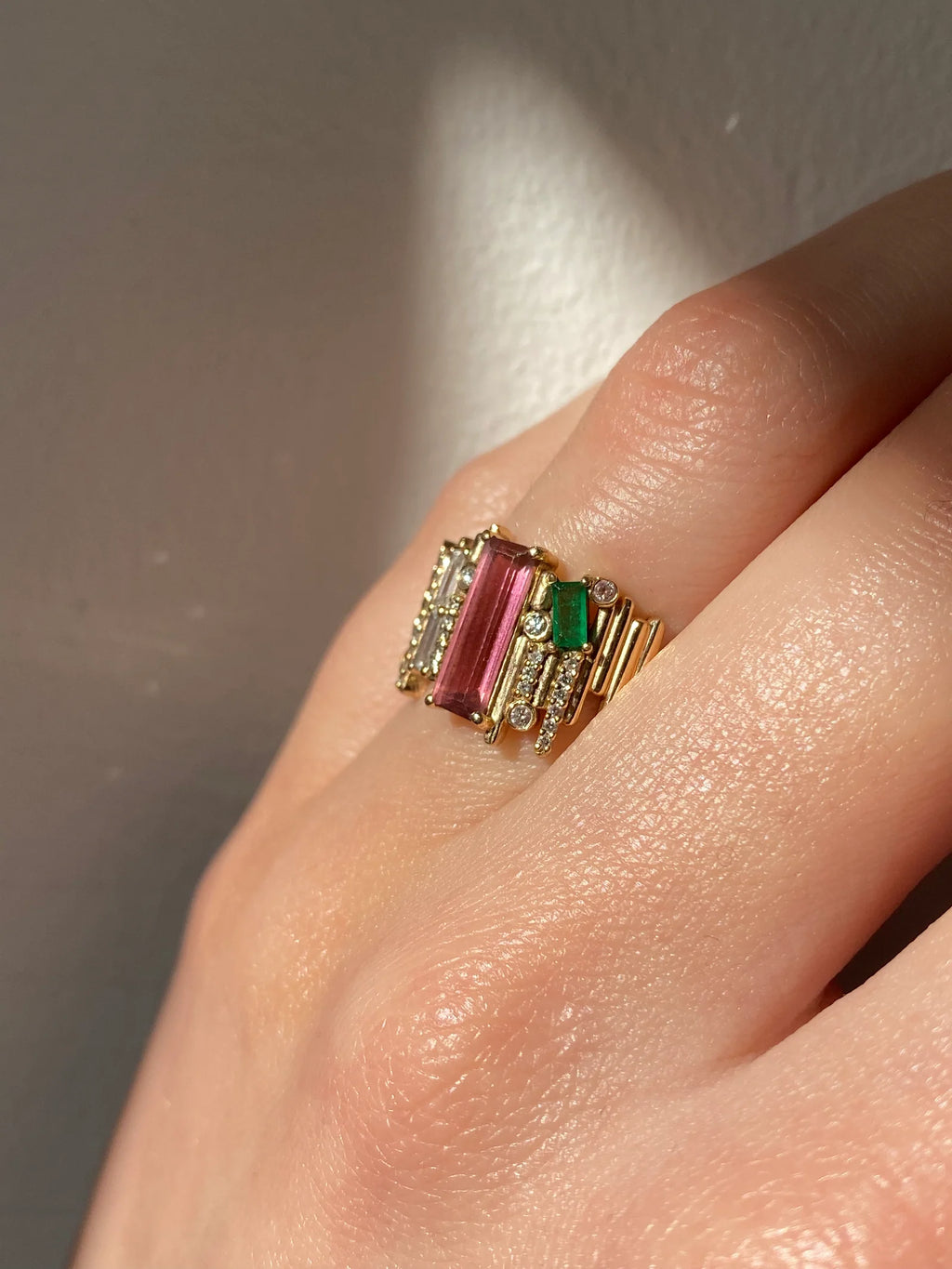 Ethereal Tourmaline, Diamond & Emerald Ring