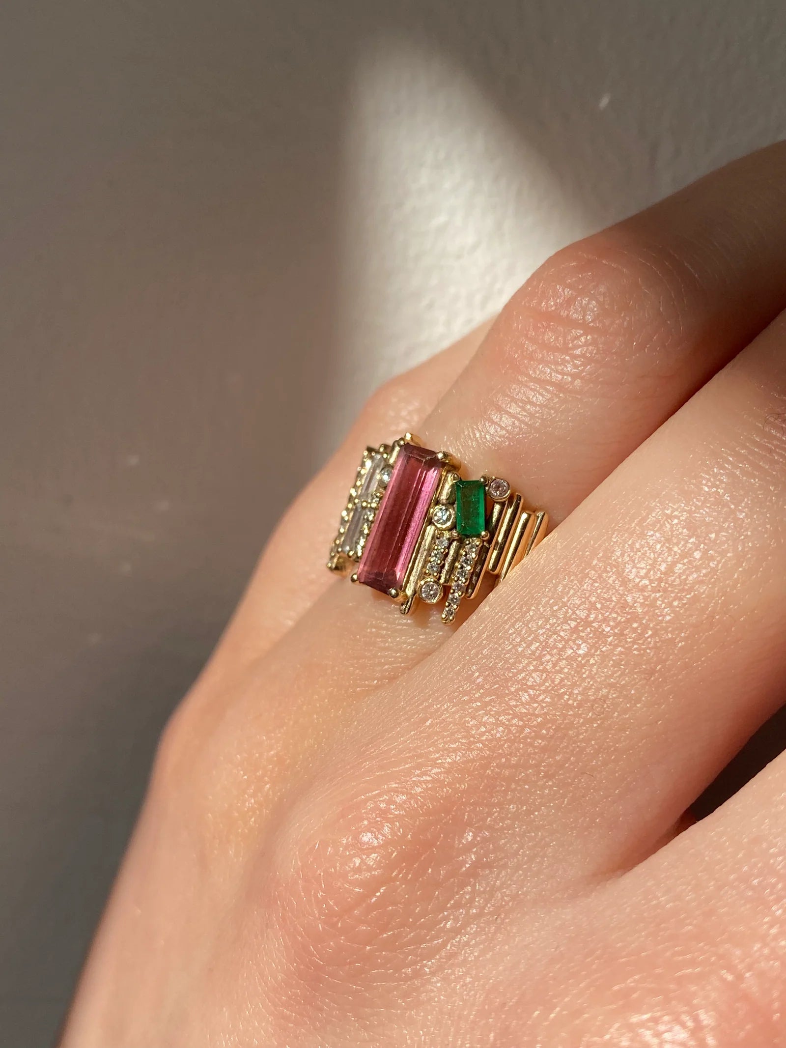 Ethereal Tourmaline, Diamond & Emerald Ring