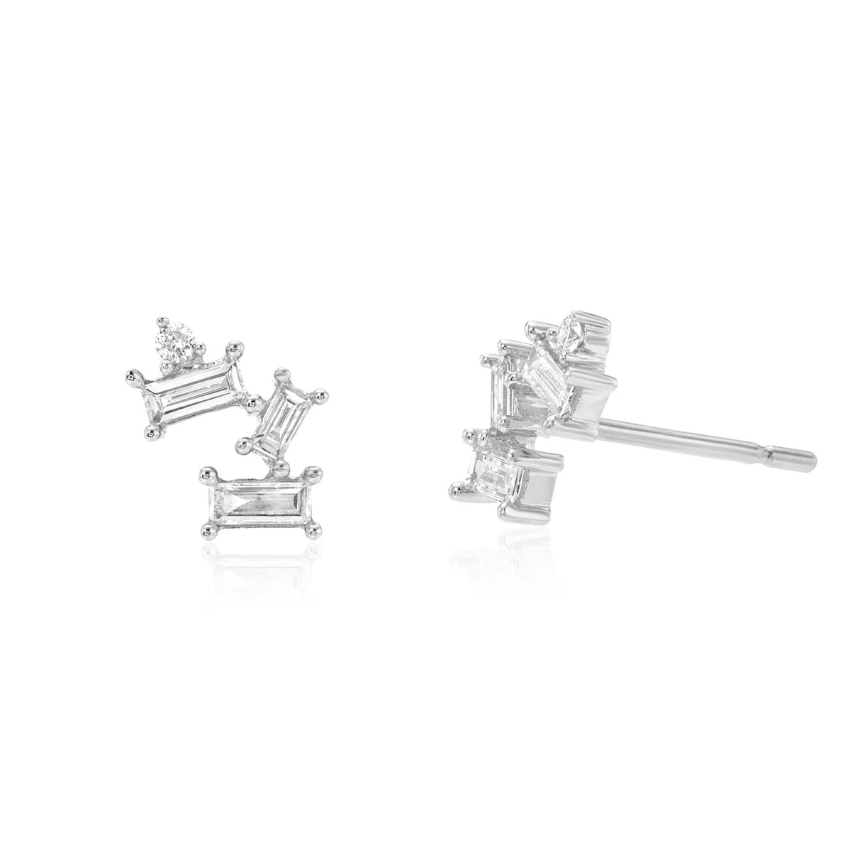 Mixed Baguette & Round White Gold Stud Earrings