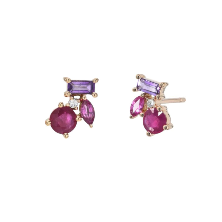 Mixed Cut Ruby, Pink Sapphire, & Amethyst Studs