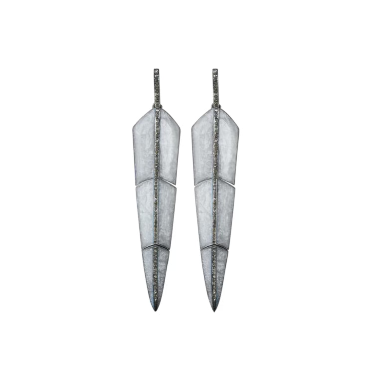 Small Pearl Grey Enamel Feather Earrings