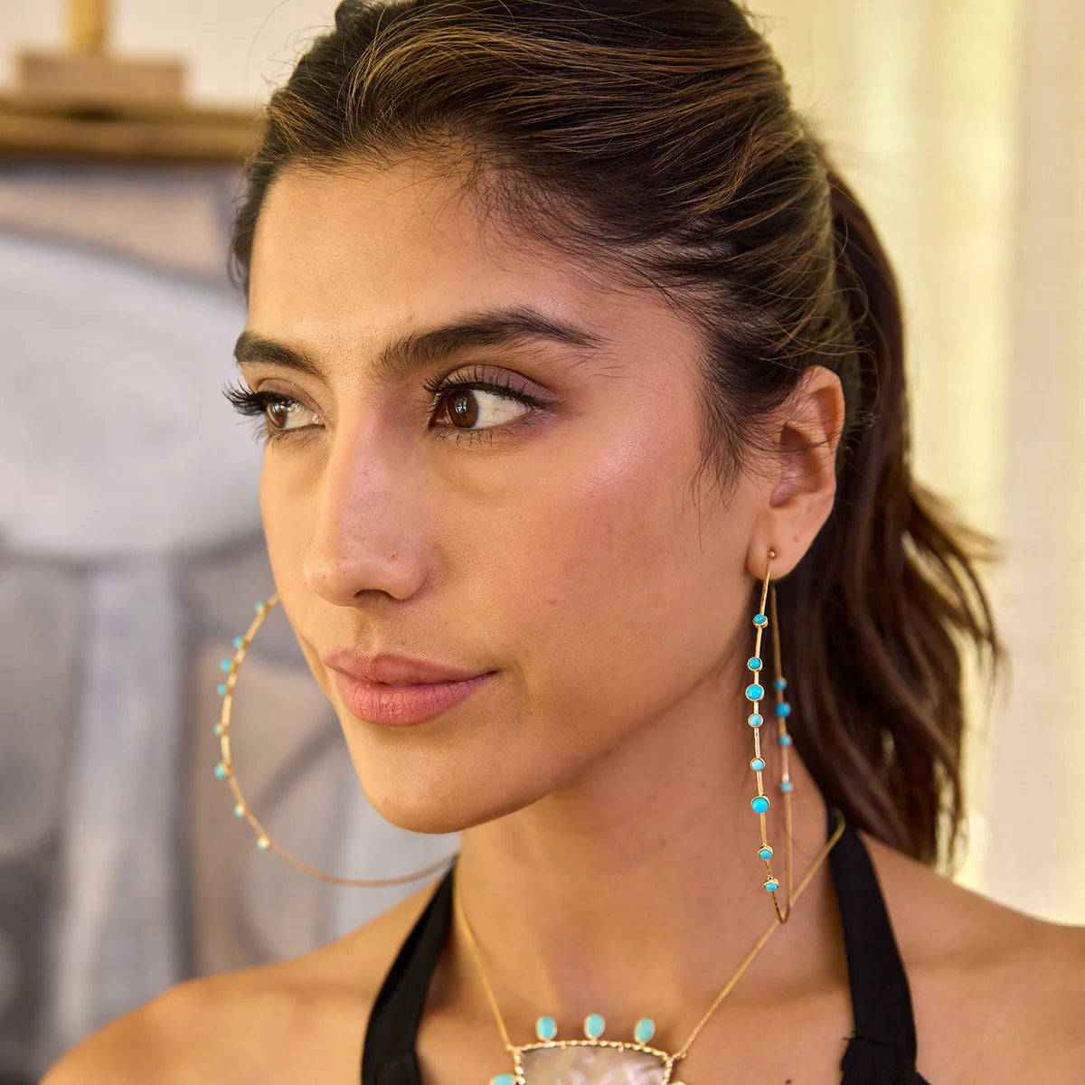 Turquoise Large Hammered Wire Hoops