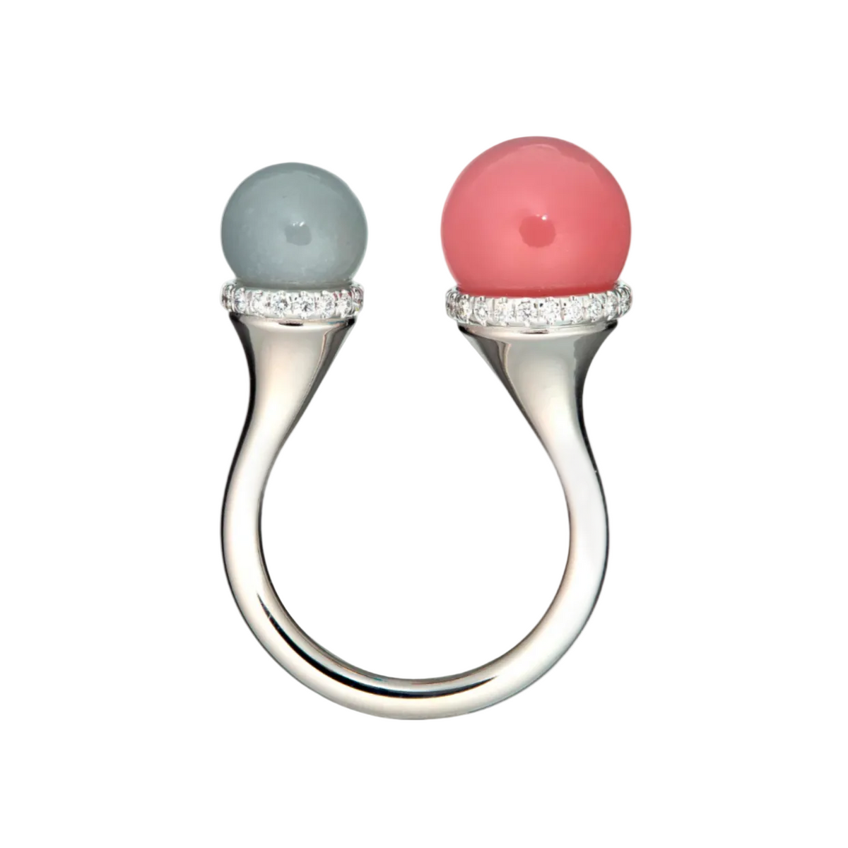 Double Tip Ring in Red Rhodochrosite & Grey Moonstone