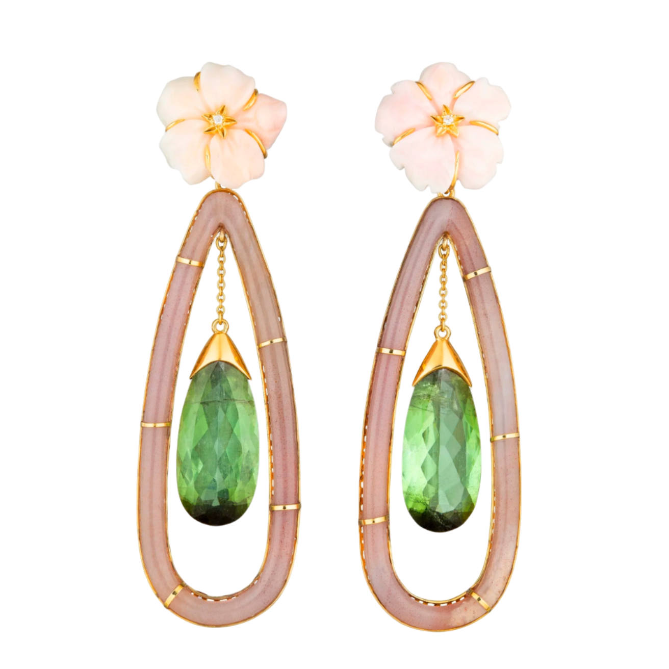 Green Tourmaline Drop Earrings With Conch Flower
