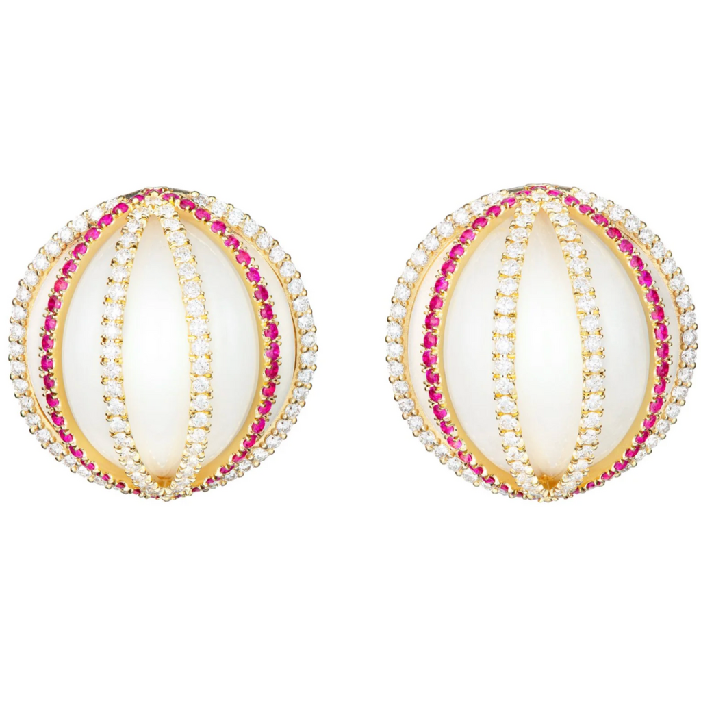 White Jade Earrings with Diamonds & Rubies