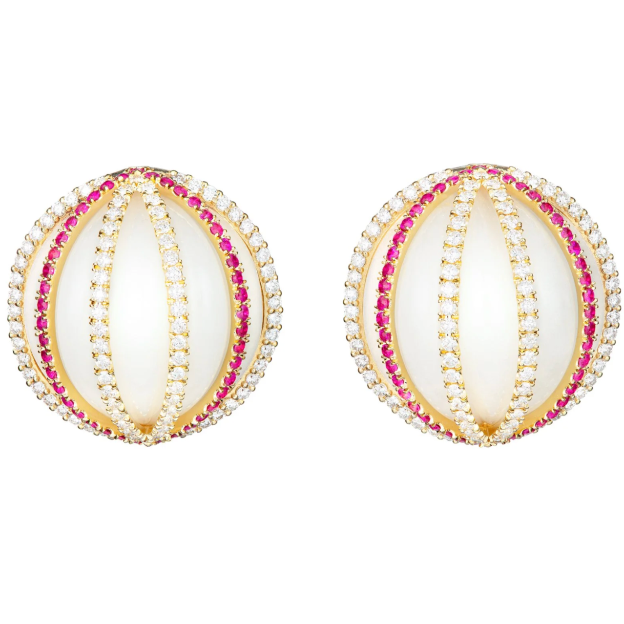 White Jade Earrings with Diamonds & Rubies