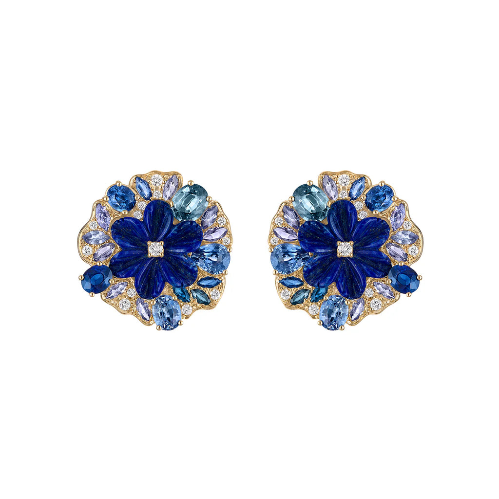 Carved Lapis and Blue Sapphire Flower Earrings