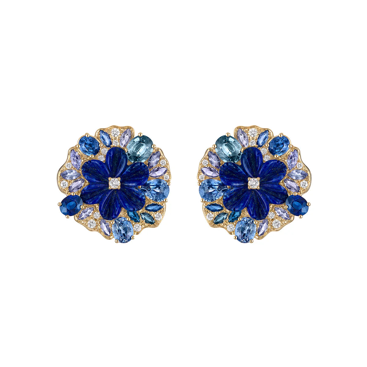 Carved Lapis and Blue Sapphire Flower Earrings