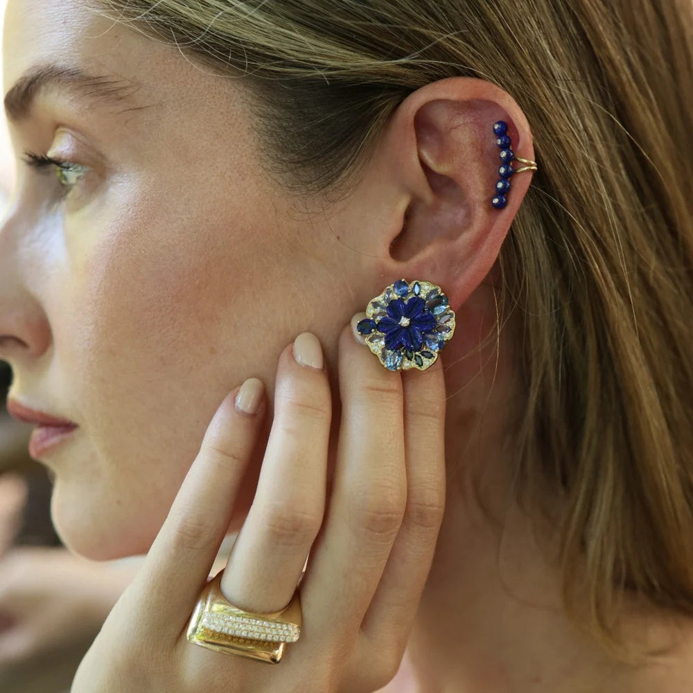 Carved Lapis and Blue Sapphire Flower Earrings