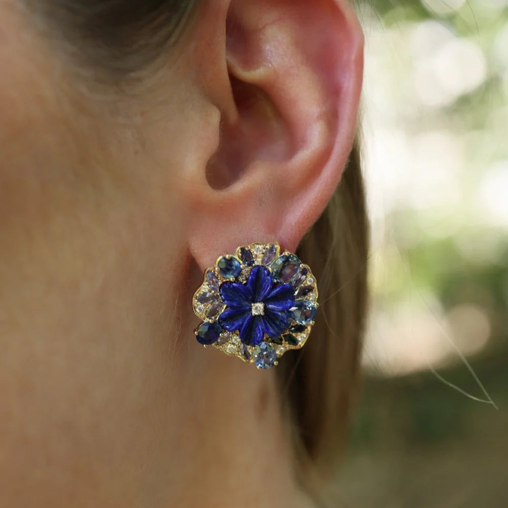 Carved Lapis and Blue Sapphire Flower Earrings