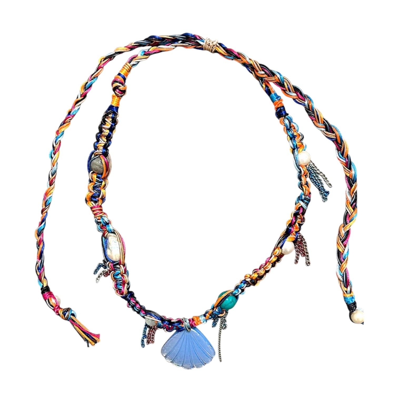 Silk & Leather Blue Shell Necklace