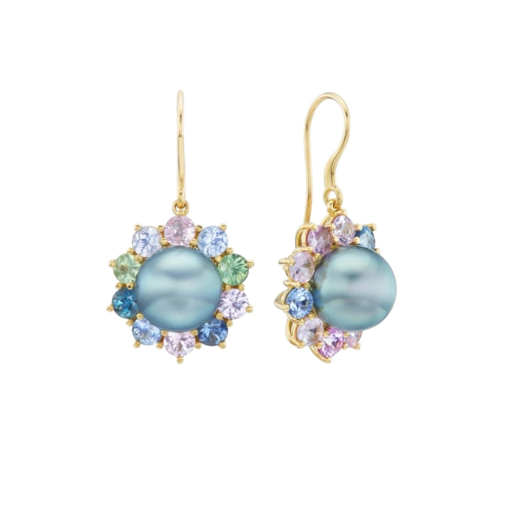 Sapphire & Tahitian Pearl Flower Earrings