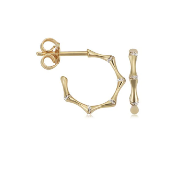 14k YG Diamond Bamboo Hoop Earrings