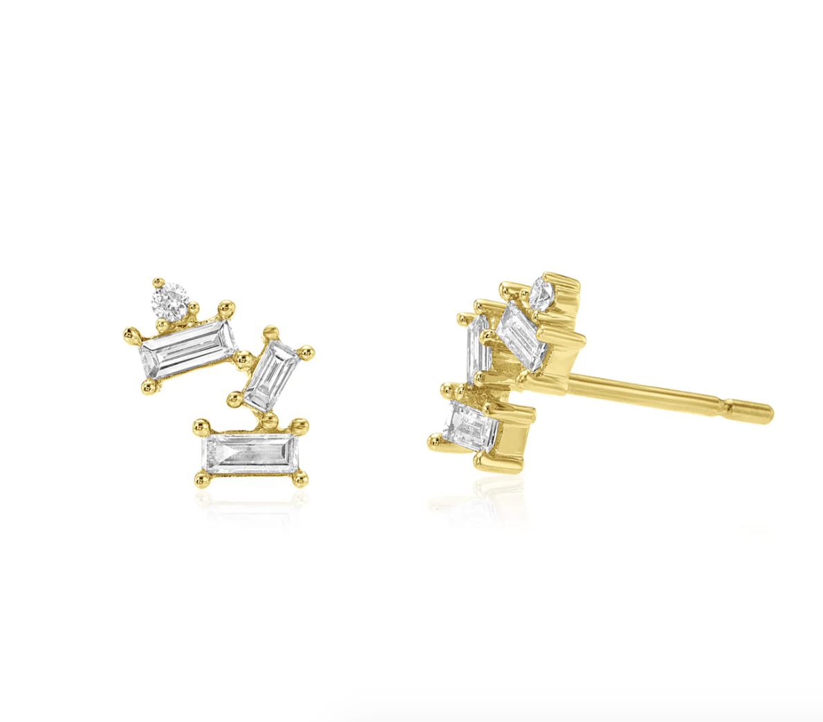 Mixed Baguette & Round Yellow Gold Stud Earring SINGLE