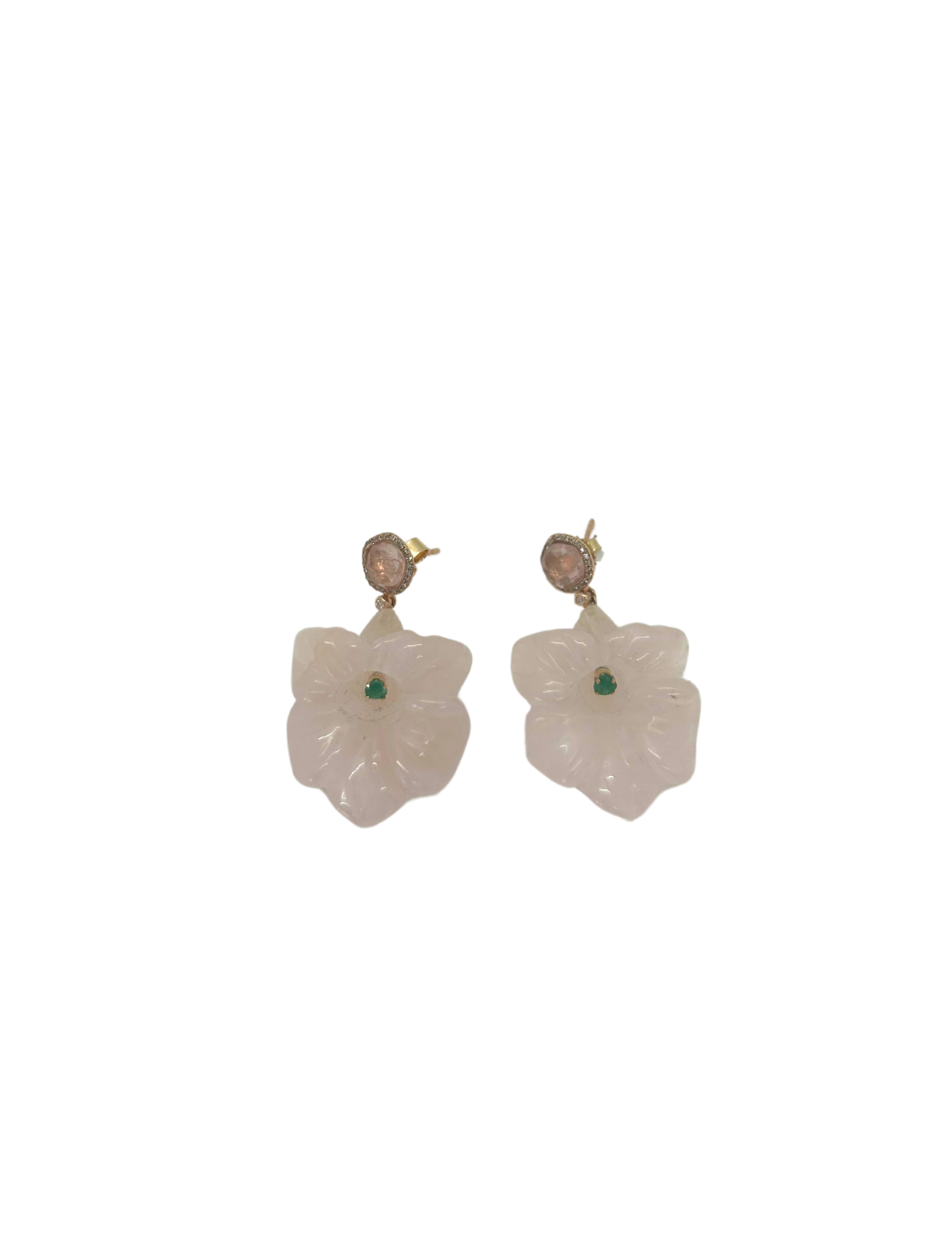 Carved Rose Quartz Flower  Earrings with Emerald