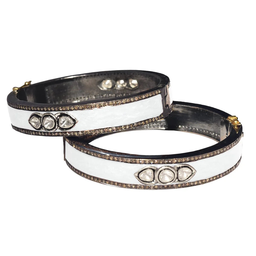 Plain White Enamel Bracelet 6 Sliced Diamonds